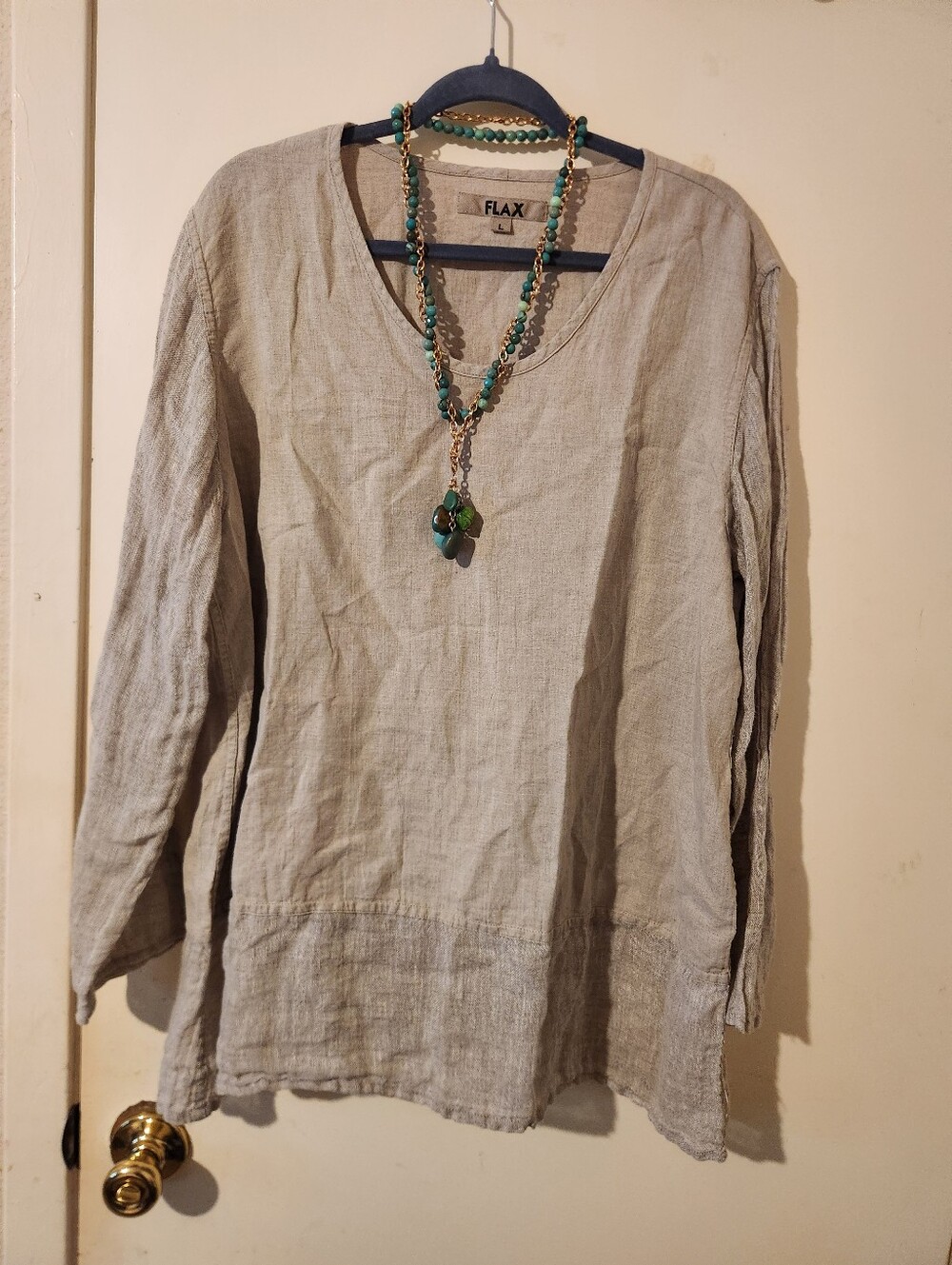 Flax Tan V-Neck Long Sleeves Linen Tunic Large B:48"